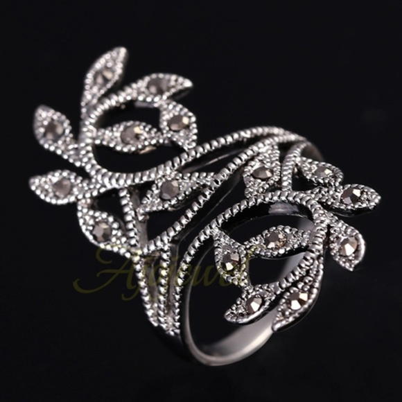 Antique Silver Black Marcasite Retro Vintage Ring - Picture 4 of 5